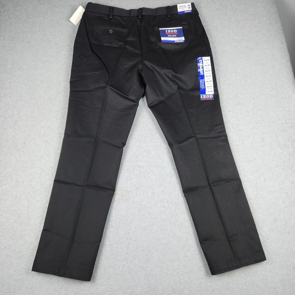 IZOD American Chino Pants Mens 36x30 Black Non-Iron Straight Fit Flat Front